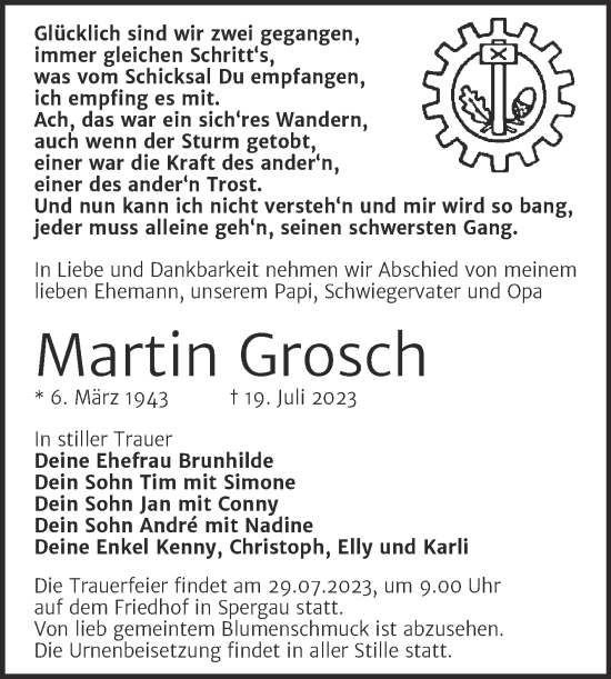 Traueranzeige von Martin Grosch von Trauerkombi Merseburg
