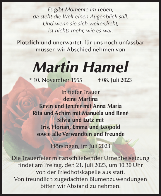 Traueranzeige von Martin Hamel von Volksstimme Haldensleben/Wolmirstedt