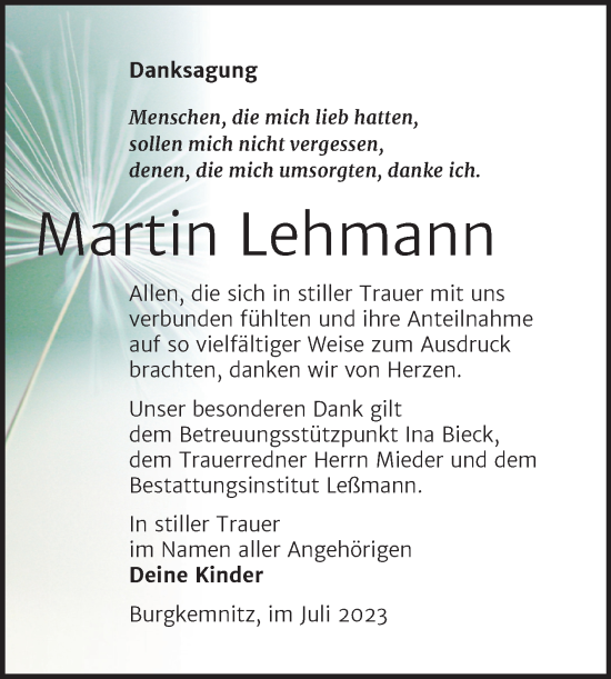 Traueranzeige von Martin Lehmann von Trauerkombi Bitterfeld