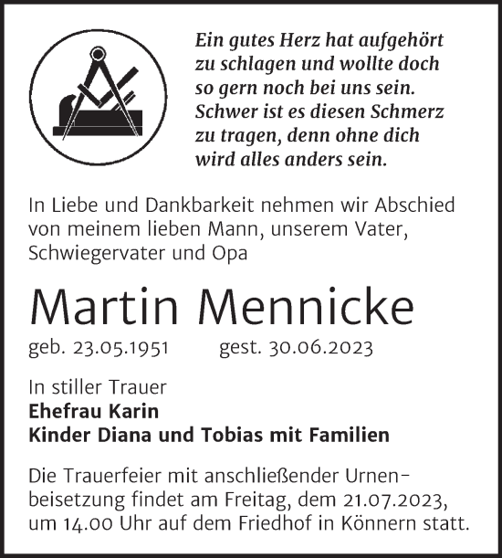 Traueranzeige von Martin Mennicke von Trauerkombi Bernburg
