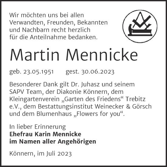Traueranzeige von Martin Mennicke von Trauerkombi Bernburg