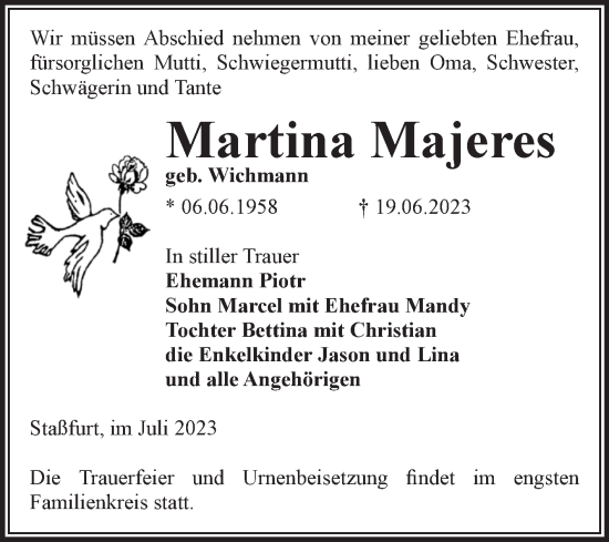Traueranzeige von Martina Majeres von Volksstimme Staßfurt