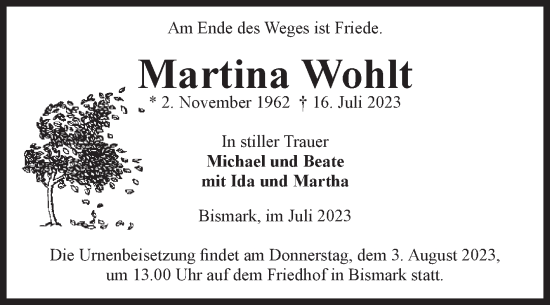 Traueranzeige von Martina Wohlt von Volksstimme Altmark Ost