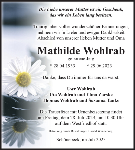 Traueranzeige von Mathilde Wohlrab von Volksstimme Schönebeck
