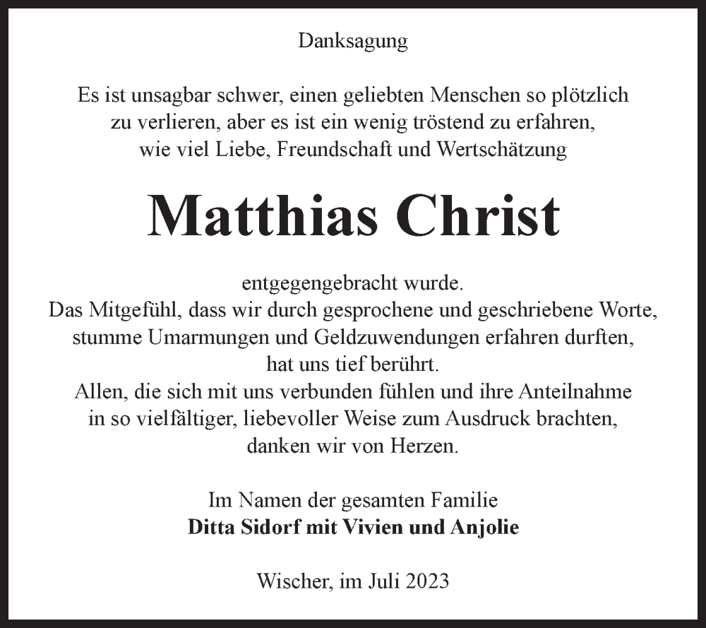  Traueranzeige für Matthias Christ vom 07.07.2023 aus Volksstimme Altmark Ost