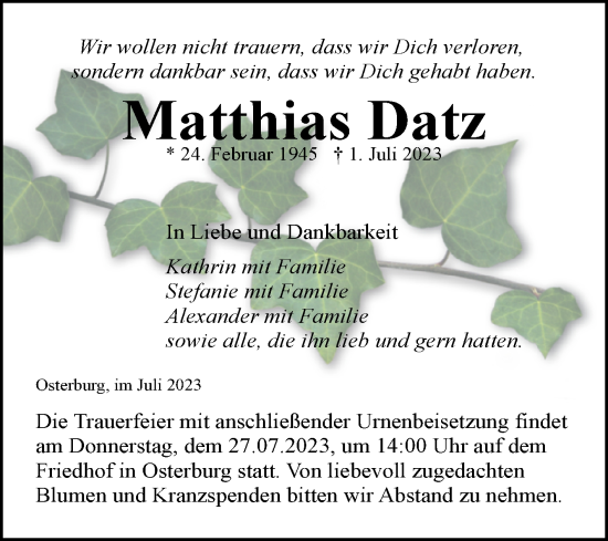 Traueranzeige von Matthias Datz von Volksstimme Altmark Ost