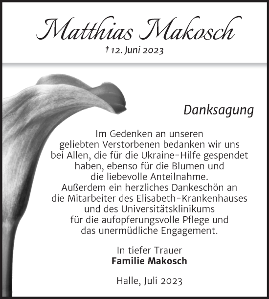 Traueranzeige von Matthias Makosch von Mitteldeutsche Zeitung Halle/Saalkreis
