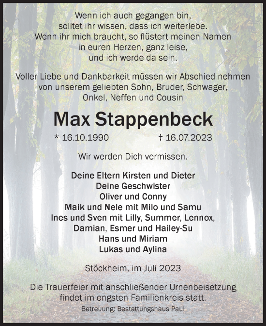 Traueranzeige von Max Stappenbeck von Volksstimme Altmark West