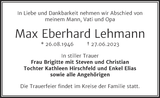 Traueranzeige von Max Eberhard Lehmann von Mitteldeutsche Zeitung Halle/Saalkreis