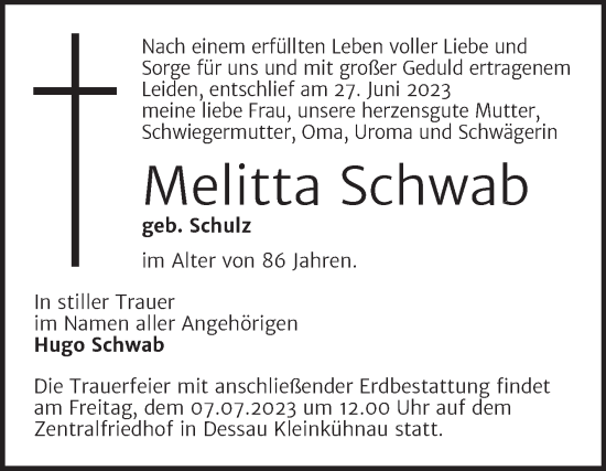 Traueranzeige von Melitta Schwab von Mitteldeutsche Zeitung Dessau-Roßlau