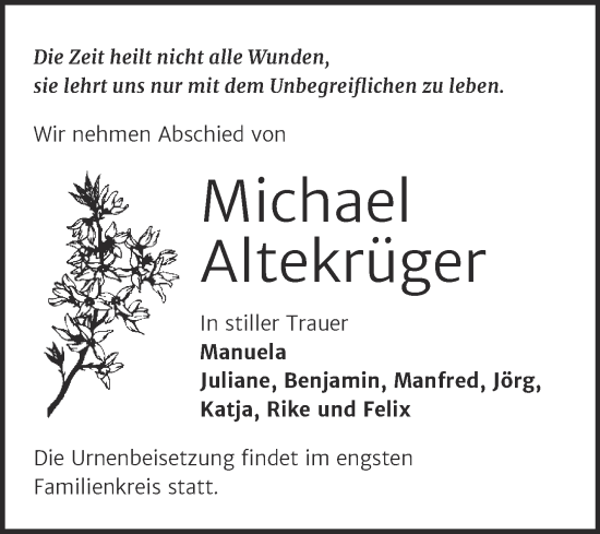 Traueranzeige von Michael Altekrüger von Trauerkombi Wittenberg
