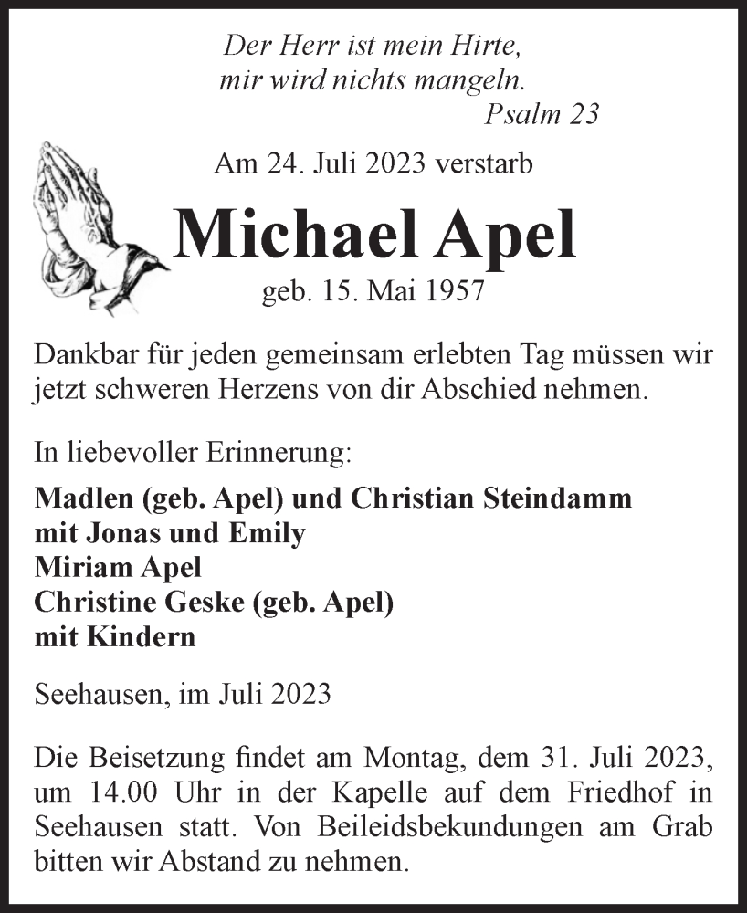  Traueranzeige für Michael Apel vom 27.07.2023 aus Volksstimme Altmark Ost