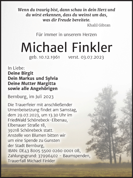 Traueranzeige von Michael Finkler von Trauerkombi Bernburg