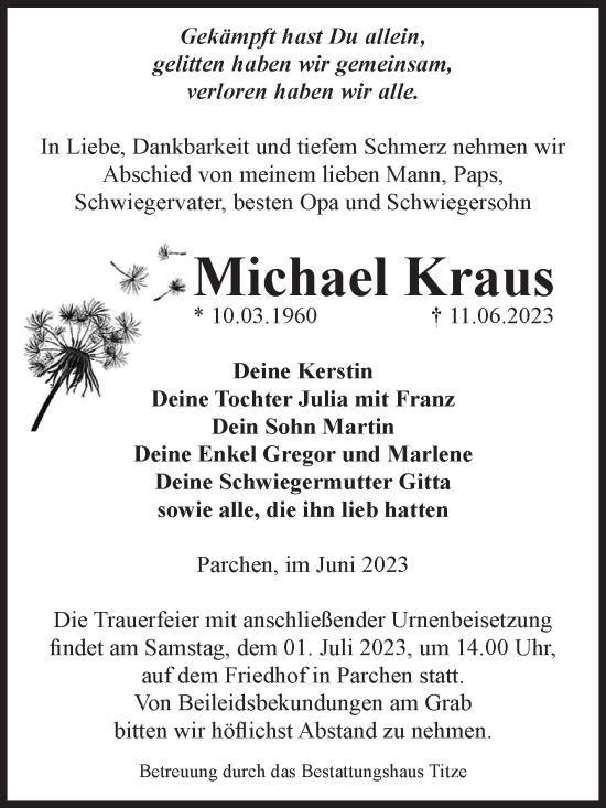 Traueranzeige von Michael Kraus von Volksstimme Burg/Genthin