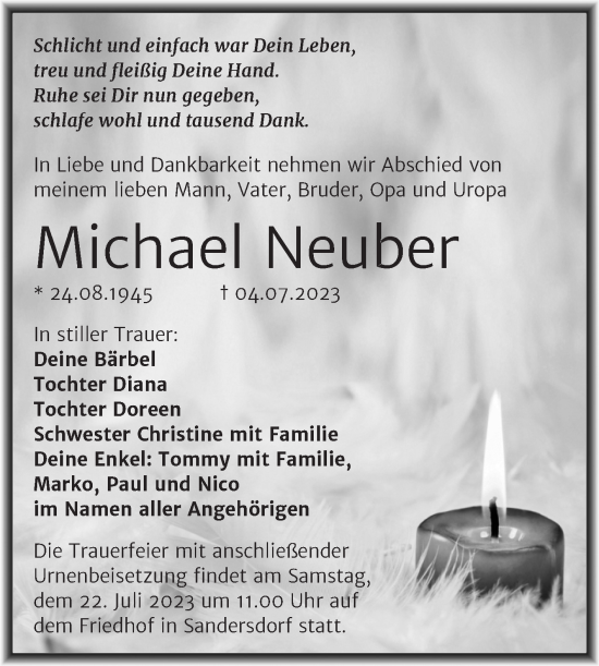 Traueranzeige von Michael Neuber von Trauerkombi Bitterfeld