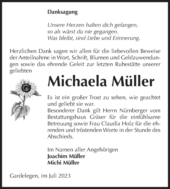 Traueranzeige von Michaela Müller von Volksstimme Altmark West