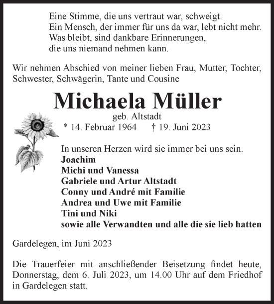 Traueranzeige von Michaela Müller von Volksstimme Altmark West