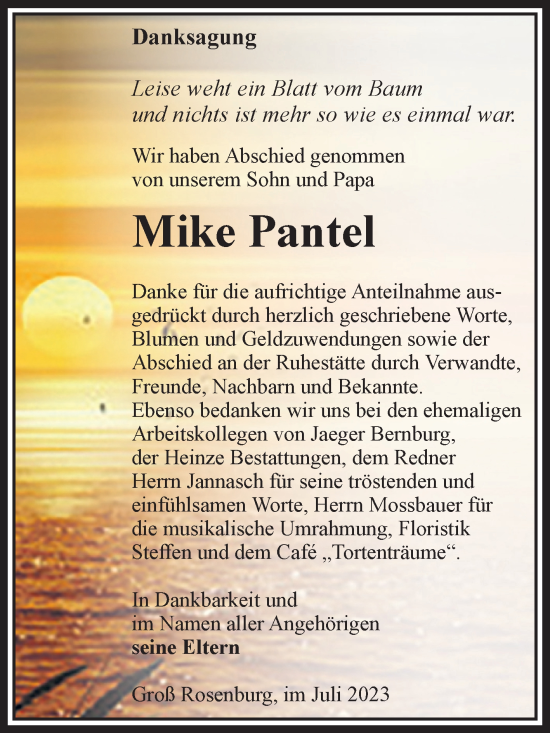 Traueranzeige von Mike Pantel von Volksstimme Schönebeck