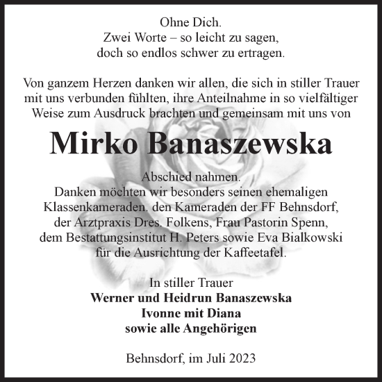 Traueranzeige von Mirko Banaszewska von Volksstimme Haldensleben/Wolmirstedt