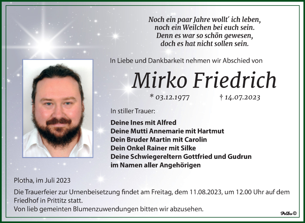  Traueranzeige für Mirko Friedrich vom 26.07.2023 aus Trauerkombi Weißenfels