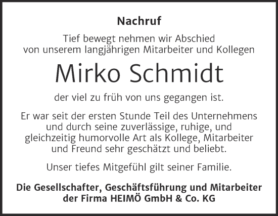 Traueranzeige von Mirko Schmidt 