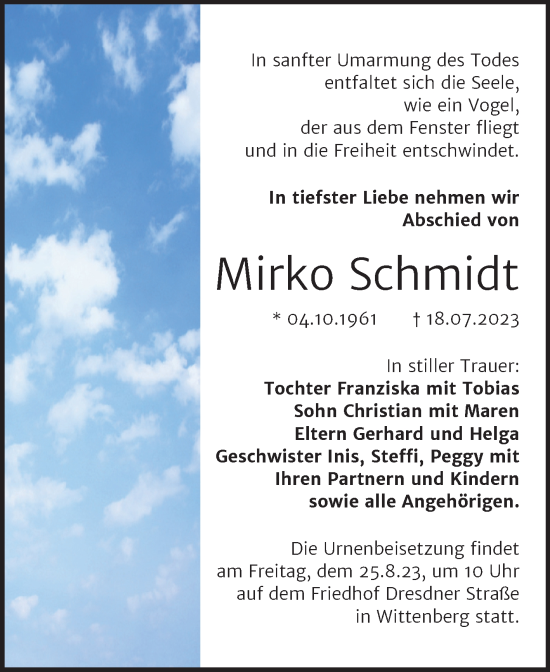 Traueranzeige von Mirko Schmidt von Trauerkombi Wittenberg