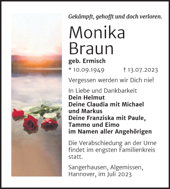 Traueranzeige von Monika Braun von Trauerkombi Sangerhausen