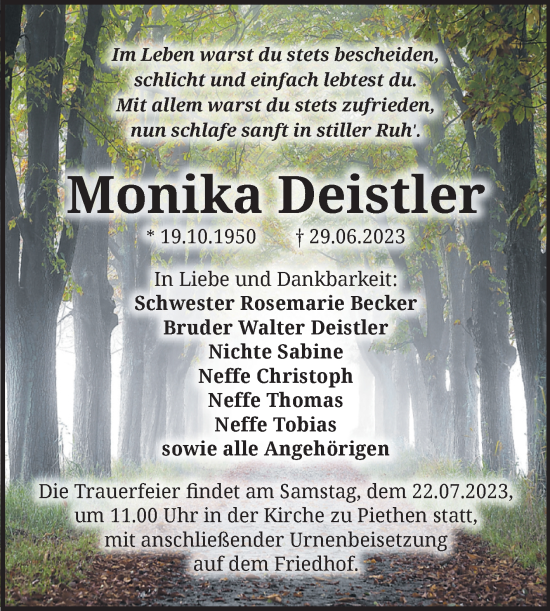 Traueranzeige von Monika Deistler von Trauerkombi Köthen