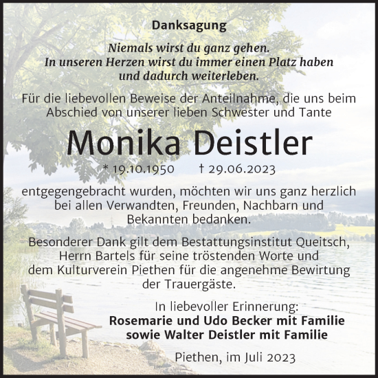 Traueranzeige von Monika Deistler von Trauerkombi Köthen