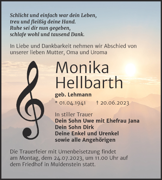 Traueranzeige von Monika Hellbarth von Trauerkombi Bitterfeld