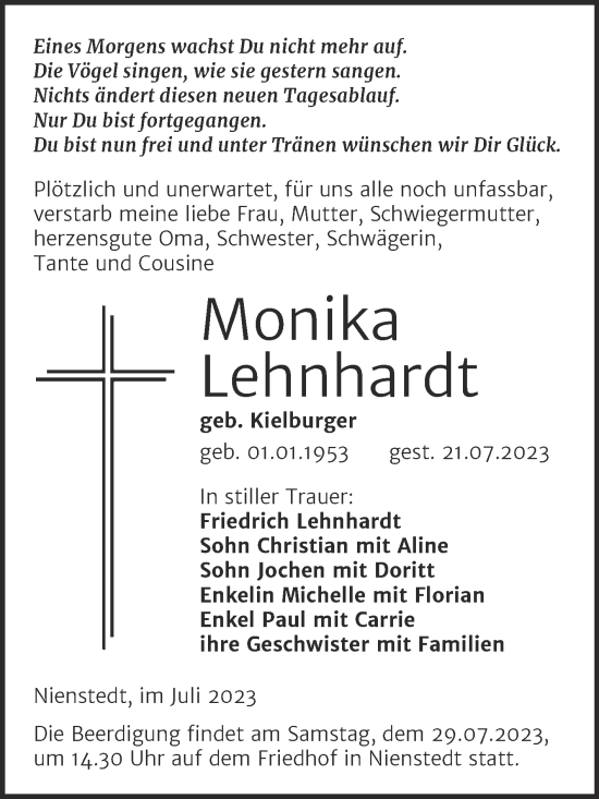 Traueranzeige von Monika Lehnhardt von Mitteldeutsche Zeitung Sangerhausen