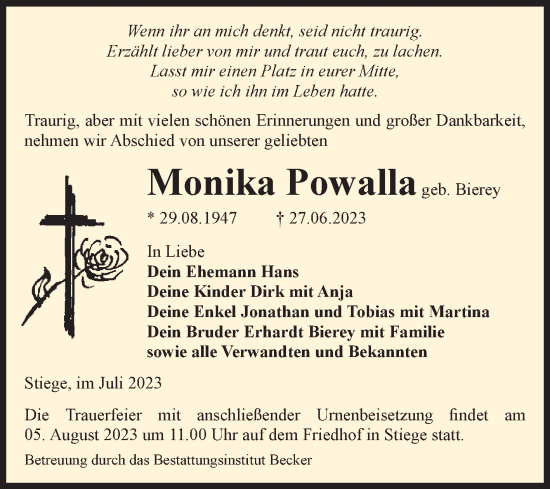 Traueranzeige von Monika Powalla von Volksstimme Wernigerode