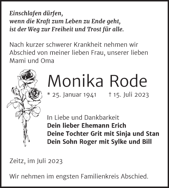Traueranzeige von Monika Rode von Trauerkombi Zeitz