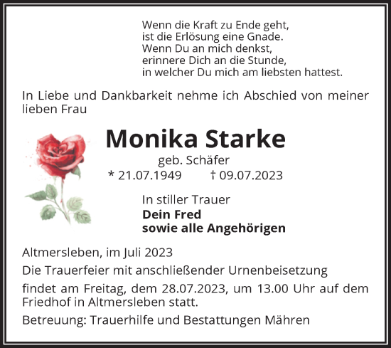 Traueranzeige von Monika Starke von Volksstimme Altmark West