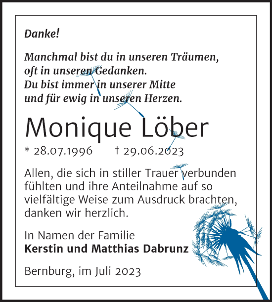 Traueranzeige von Monique Löer von Trauerkombi Bernburg