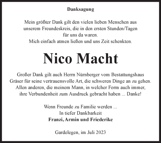 Traueranzeige von Nico Macht von Volksstimme Altmark West