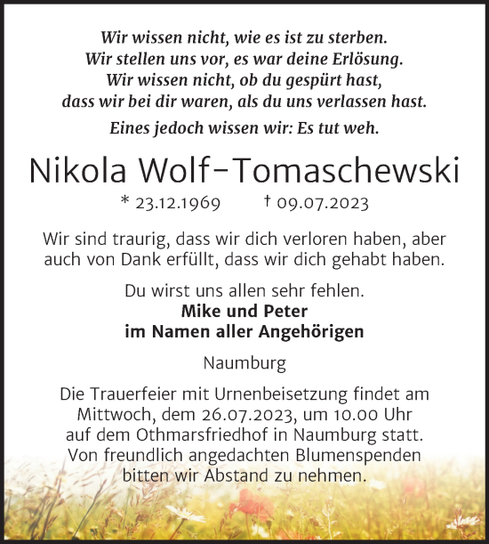 Traueranzeige von Nikola Wolf-Tomaschewski von Wochenspiegel Naumburg/Nebra