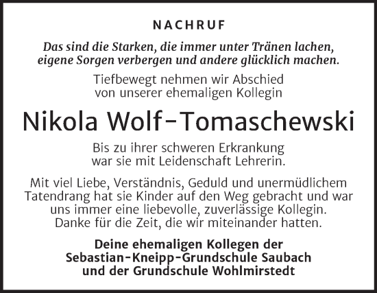 Traueranzeige von Nikola Wolf-Tomaschewski von Wochenspiegel Naumburg/Nebra