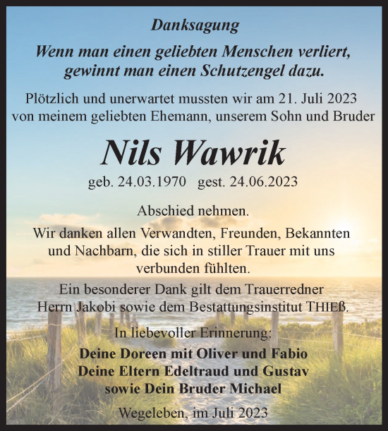 Traueranzeige von Nils Wawrik von Volksstimme Halberstadt