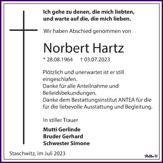 Traueranzeige von Norbert Hartz von Trauerkombi Zeitz