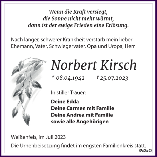 Traueranzeige von Norbert Kirsch von Trauerkombi Weißenfels
