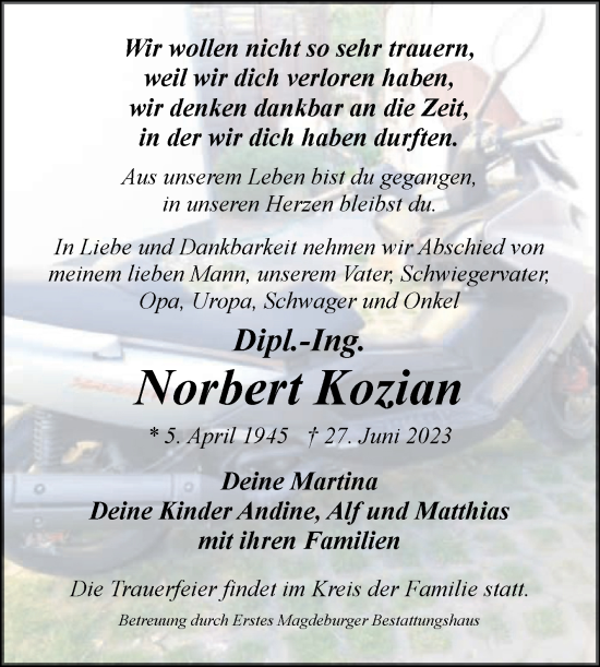 Traueranzeige von Norbert Kozian von Volksstimme Magdeburg