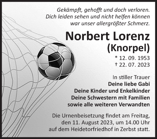 Traueranzeige von Norbert Lorenz von Volksstimme Zerbst