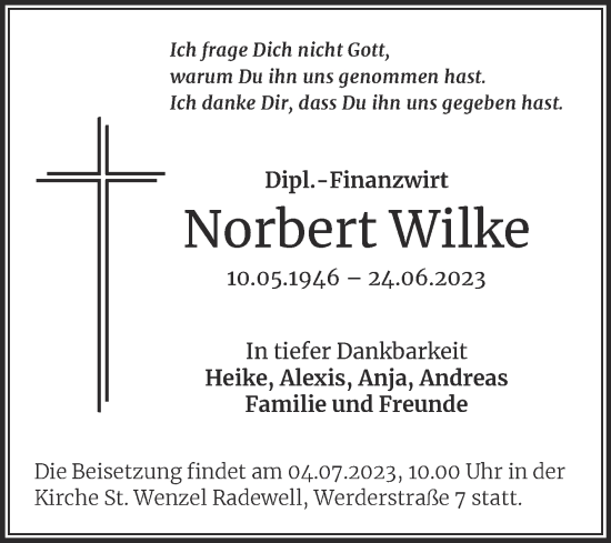 Traueranzeige von Norbert Wilke von Mitteldeutsche Zeitung Halle/Saalkreis