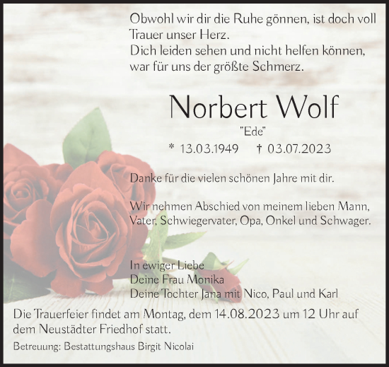 Traueranzeige von Norbert Wolf von Volksstimme Magdeburg