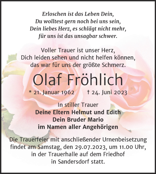 Traueranzeige von Olaf Fröhlich von Trauerkombi Bitterfeld