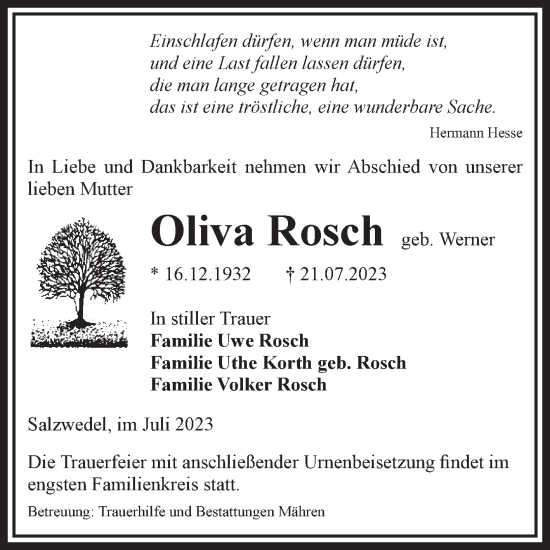 Traueranzeige von Oliva Rosch von Volksstimme Altmark West