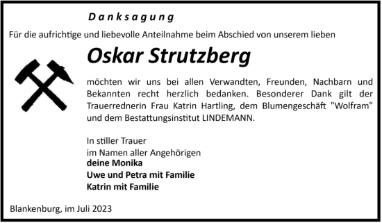 Traueranzeige von Oskar Strutzberg von Volksstimme Wernigerode