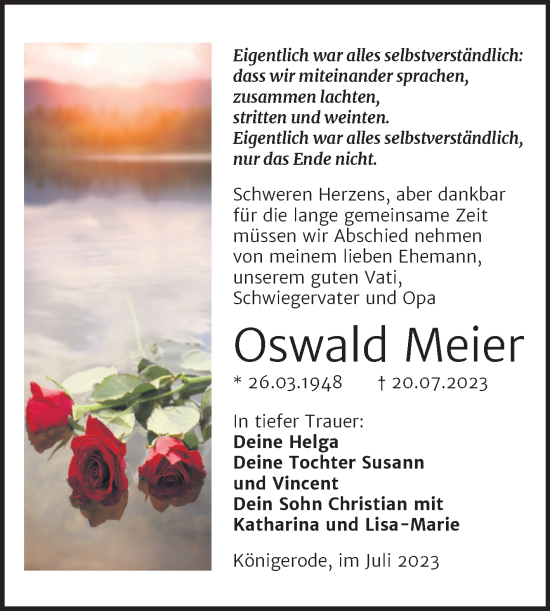 Traueranzeige von Oswald Meier von Trauerkombi Quedlinburg