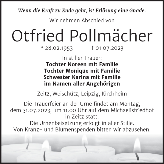 Traueranzeige von Otfried Pollmächer von Super Sonntag Zeitz